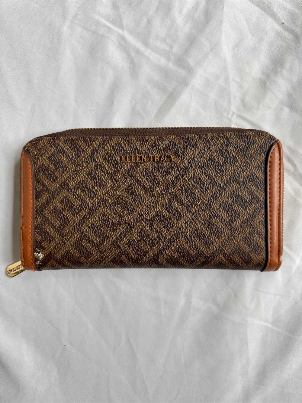 Ellen Tracy Brown Logo Print Zip Wallet with Tan Trim